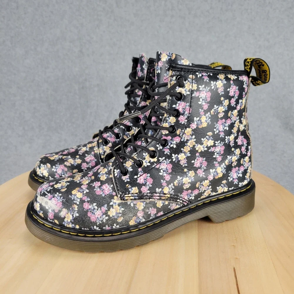 Dr. Martens Delaney Combat Boots Kids Size 3 Black Floral Lace Up Side Zip SK080